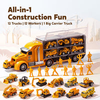 Thumbnail for JOYIN 25-in-1 Construction Truck Toy Set with 12 Vehicles & 12 Worker Figures, Push and Go Toy Trucks with Sound and Light, Construction Toys Birthday Gifts for Kids 3 4 5 6 7 Years Old