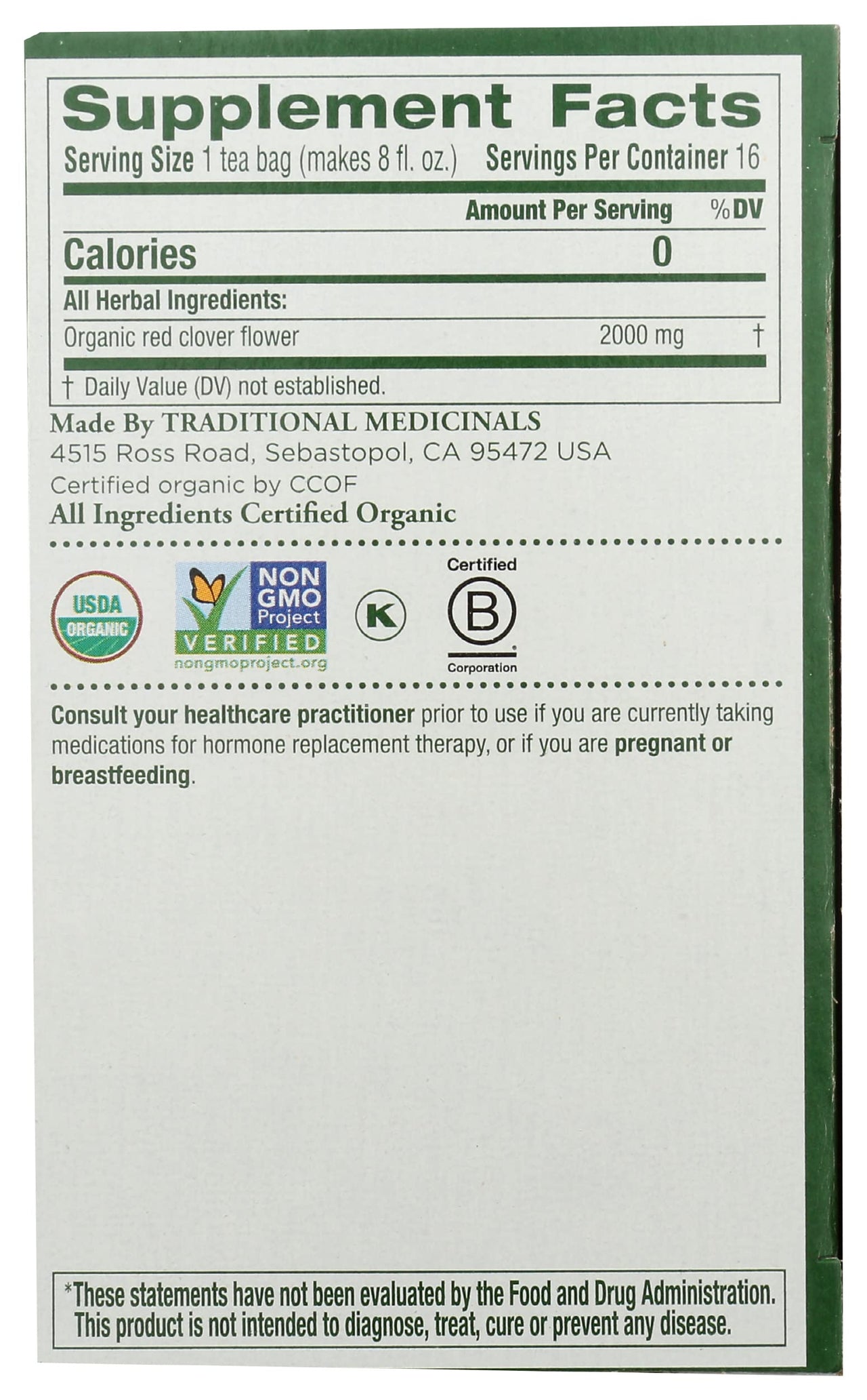 Traditional Medicinals, Tea Herbal Red Clover Organic, 16 Count