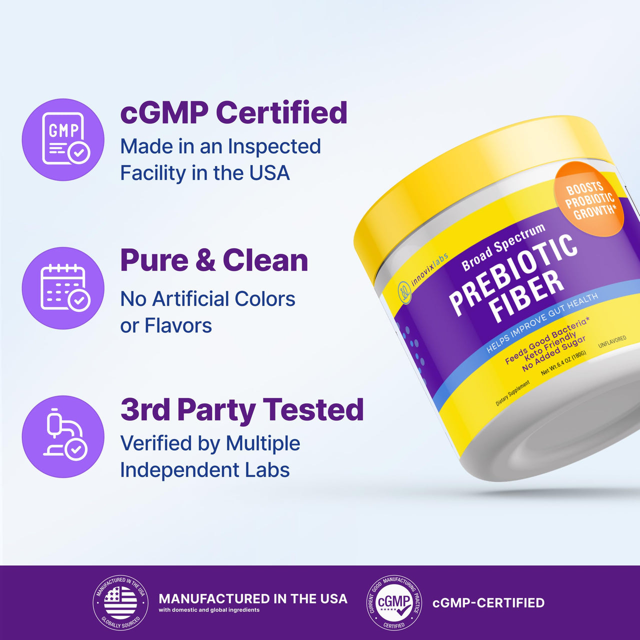 InnovixLabs Prebiotic Fiber Powder for Gut & Digestive Health, High Fiber Supplement for Women and Men with Chicory Root, FOS, Acacia, Inulin, Soluble & Insoluble Fiber, No Added Sugar, 30-Day Supply