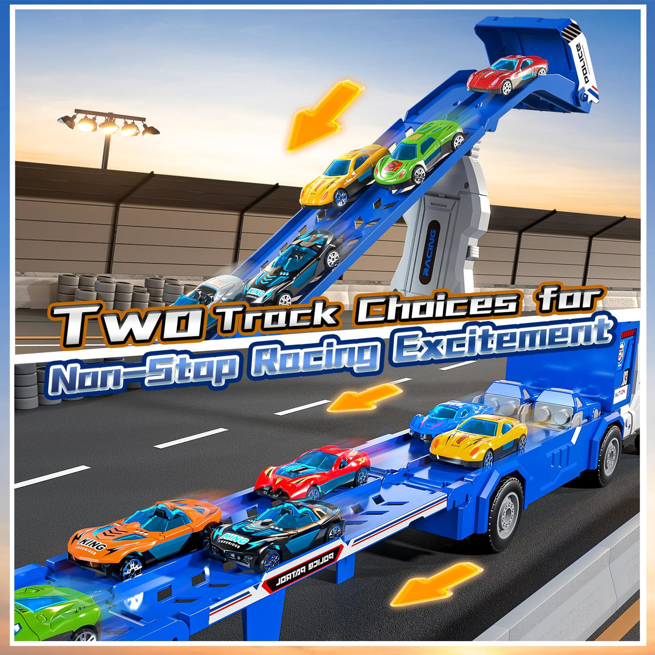 Transport Truck Toys for 3 4 5 6 7 Years Old Boys,Toys Cars Track Set Transporter Trucks with 12 Die-Cast Car Toys 2 Race catapults Dual-Track Model,Toddler Car Toy Set for Kids Boys Girls