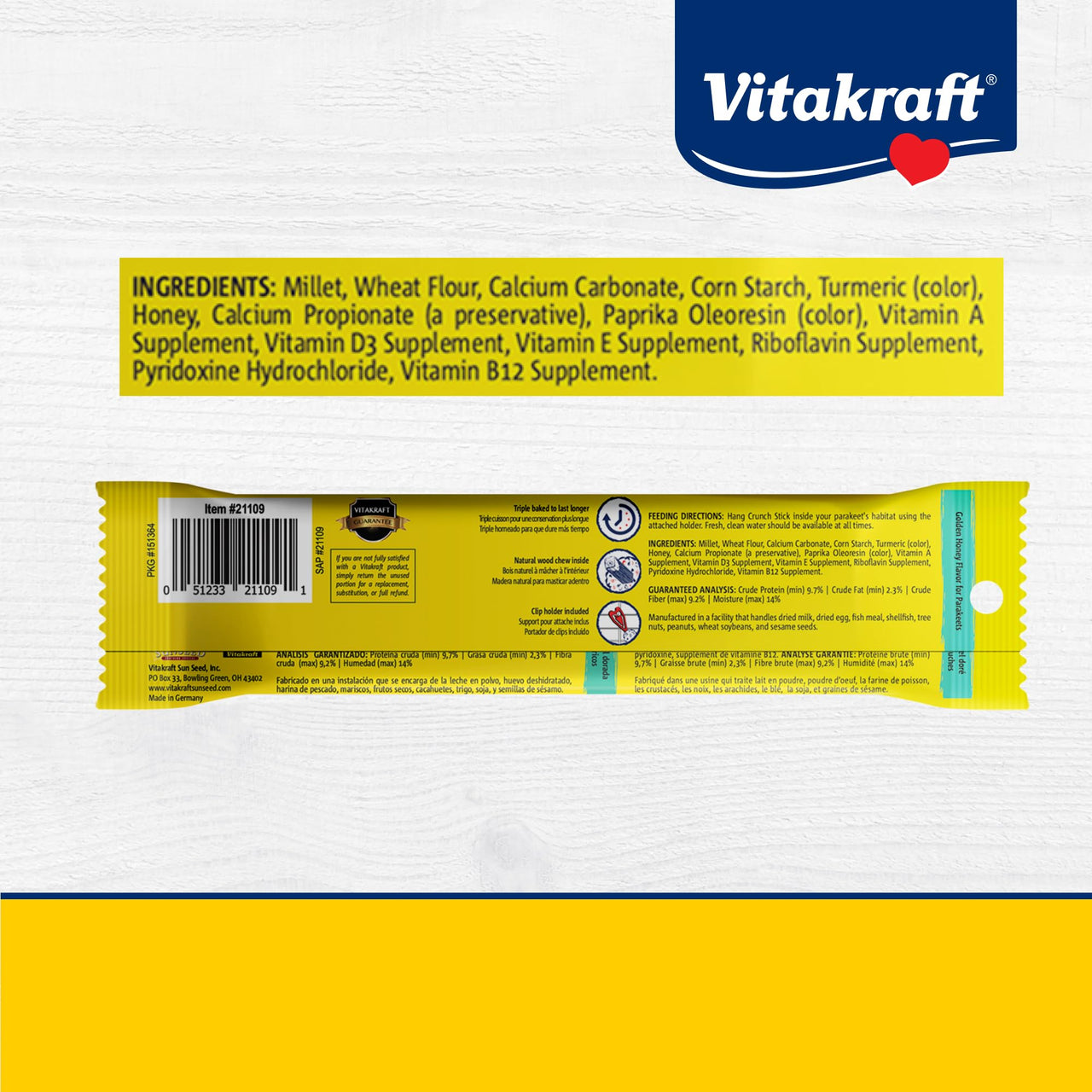 Vitakraft Crunch Sticks Parakeet Treats Golden Honey Flavor – Triple-Baked Snack with Vitamins A D3 E Riboflavin and B12 – Natural Wood Chew Center and Cage Clip Holder – Engaging 2 Stick Pack