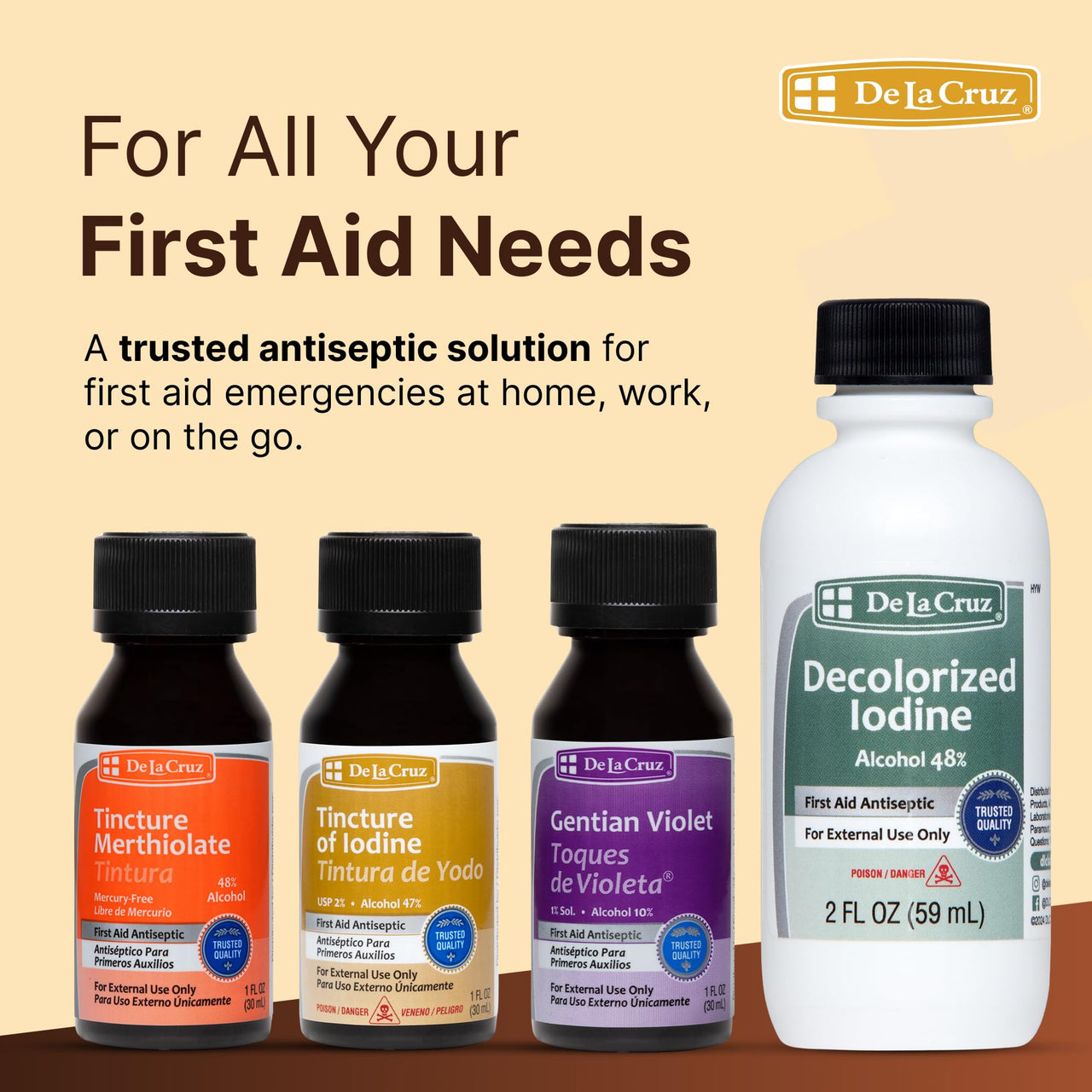 De La Cruz 2% Iodine First Aid Antiseptic, Made in USA 1 FL OZ (1 Bottle)