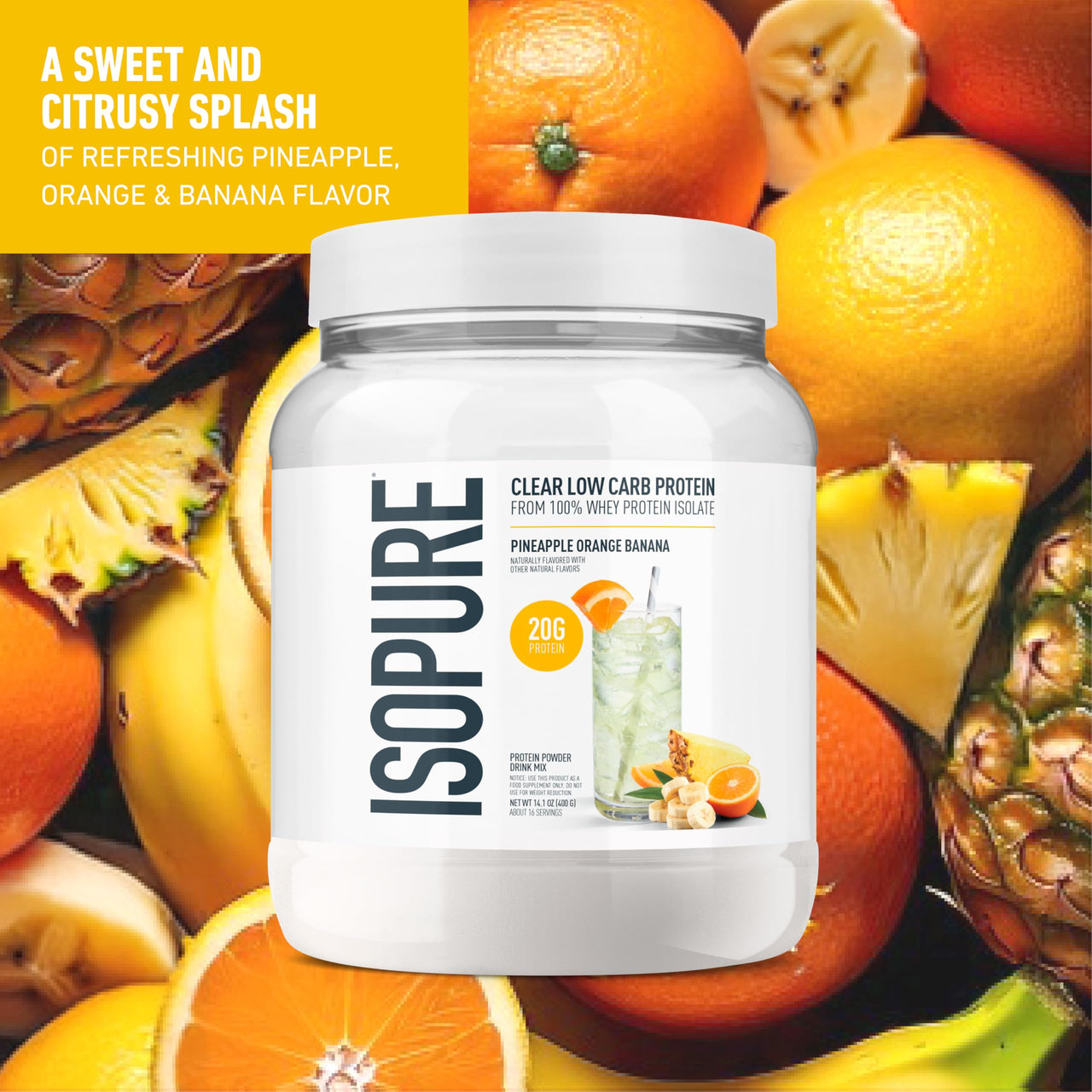 Isopure Clear Whey Isolate Protein Powder, Lactose Free, Gluten Free, Naturally Flavored, Pineapple Orange Banana, 20g Protein Per Serving, 14.1 Oz, 16 Servings (Packaging May Vary)