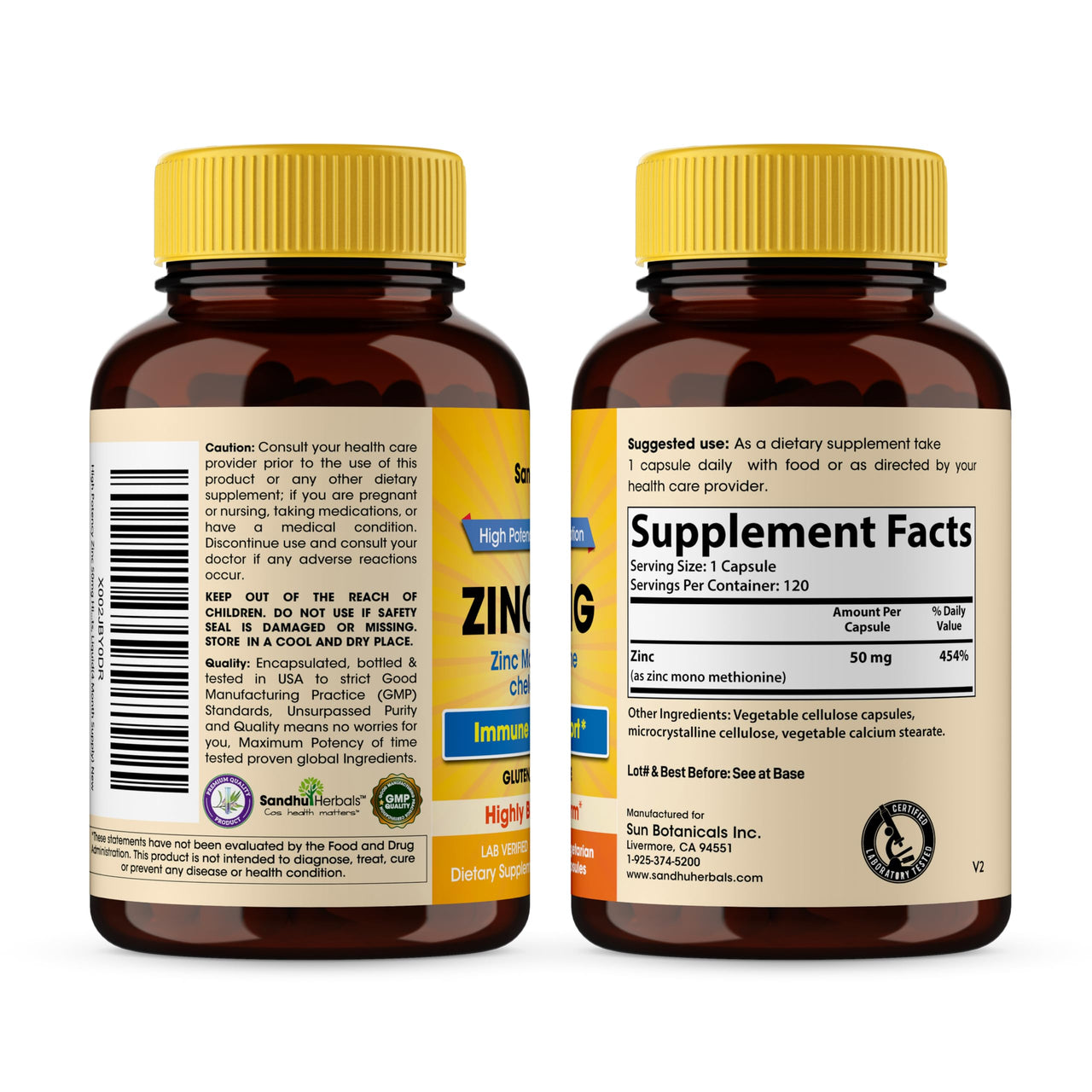 Zinc 50mg Capsules for Men and Women, 120 Count | Highly Absorbable Zinc Supplements for Immune System Support | Zink 50 mg Mono Methionine Chelated Complex |Helps with Skin Health & Overall Immunity