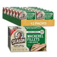Thumbnail for Season Mackerel in Olive Oil - Skinless & Boneless, Wild Caught Fish, Keto Snacks, Canned Mackerel Fillets, Full of Vitamins, Low in Mercury, Kosher, Non-GMO, 20g of Protein - 4.37 Oz, 12-Pack