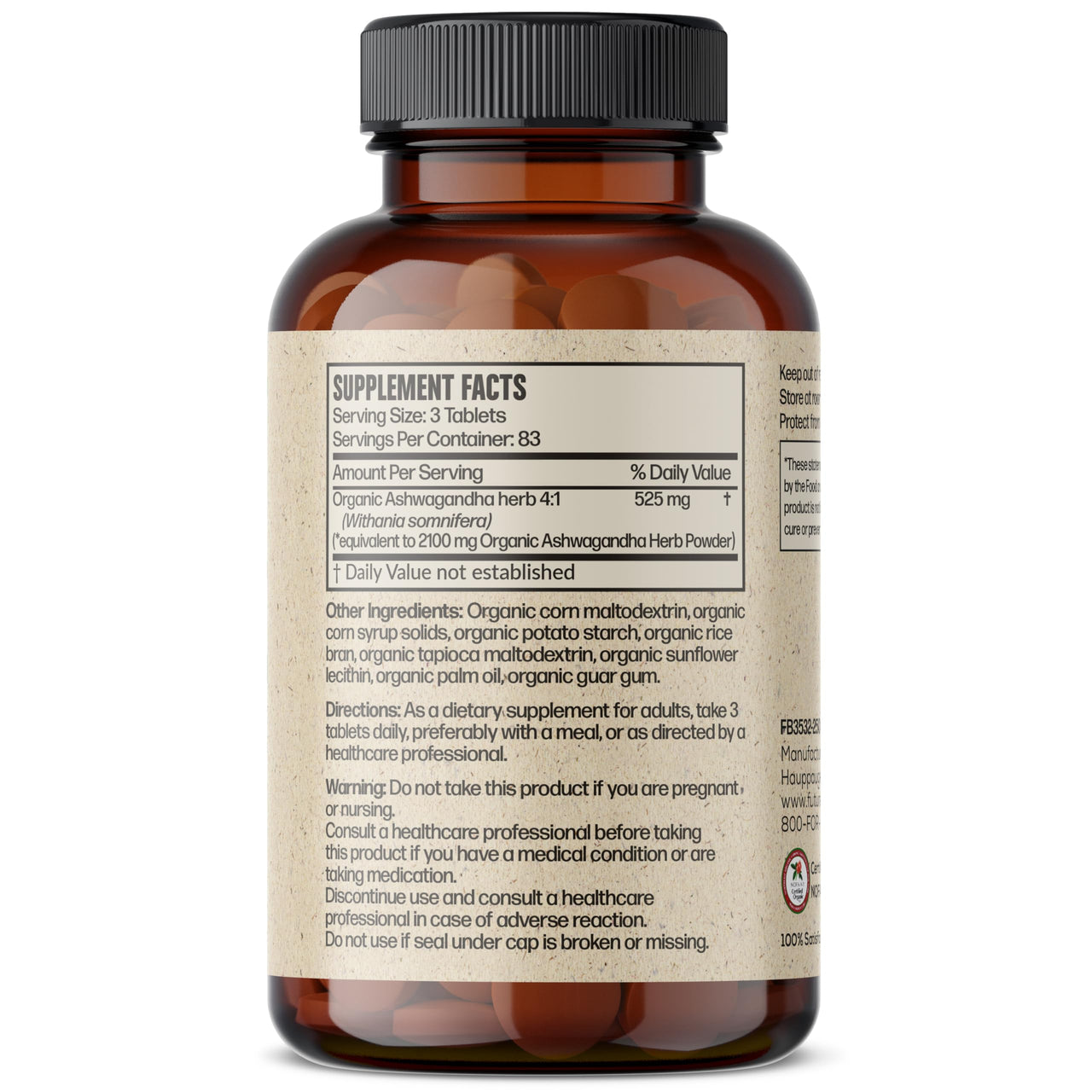Futurebiotics Certified Organic Ashwagandha Stress Mood & Energy Support Adaptogenic Herb, Non-GMO, 250 Organic Tablets