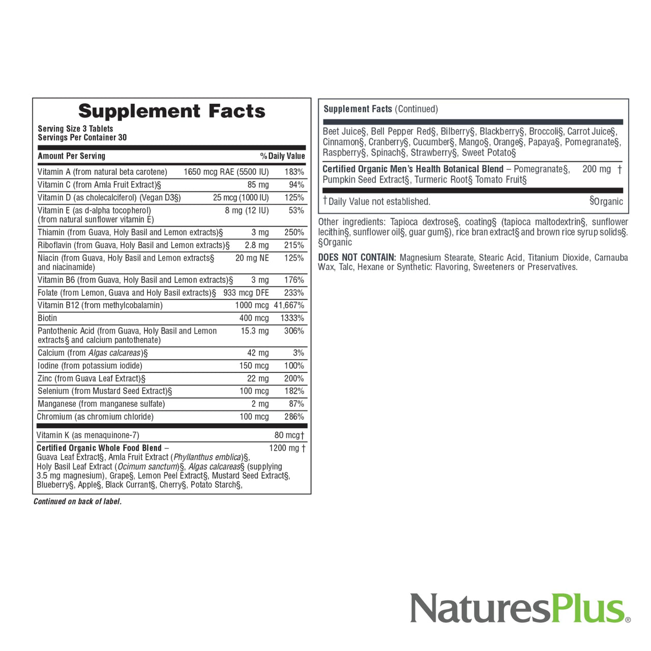 NaturesPlus Source of Life Garden Men’s Multivitamin - 90 Tablets - Supports Energy & Healthy Immune System - USDA Certified Organic, Non-GMO, Vegan, Gluten Free, Iron Free - 30 Servings
