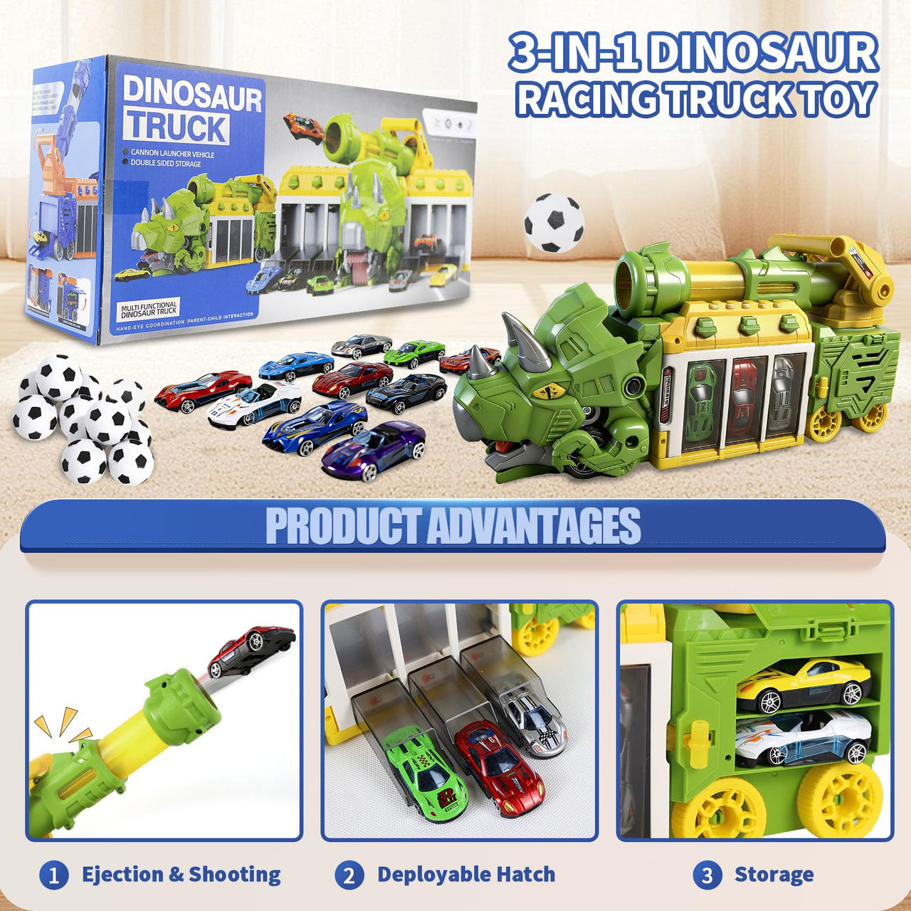 BYFWH Foldable Triceratops Truck Toy, Ejection Shooting with Storage Bay Compact Foldable Design with Shooting Launcher, 10 Cars & 12 Soft Balls, Fun for Boys & Girls 3-12