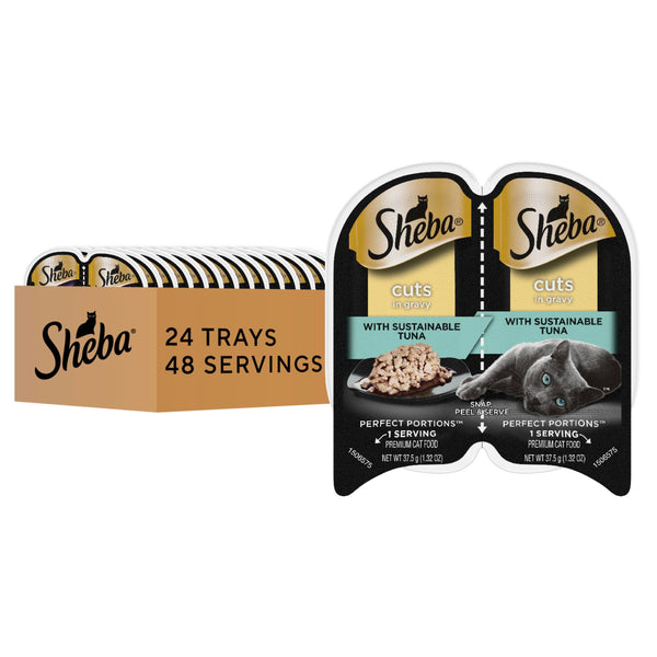 Sheba Perfect Portions Wet Cat Food Cuts in Gravy, Cat Food Wet Recipe, Sustainable Tuna Entree, 2.6 oz. Twin-Pack Trays (24 Count, 48 Servings)