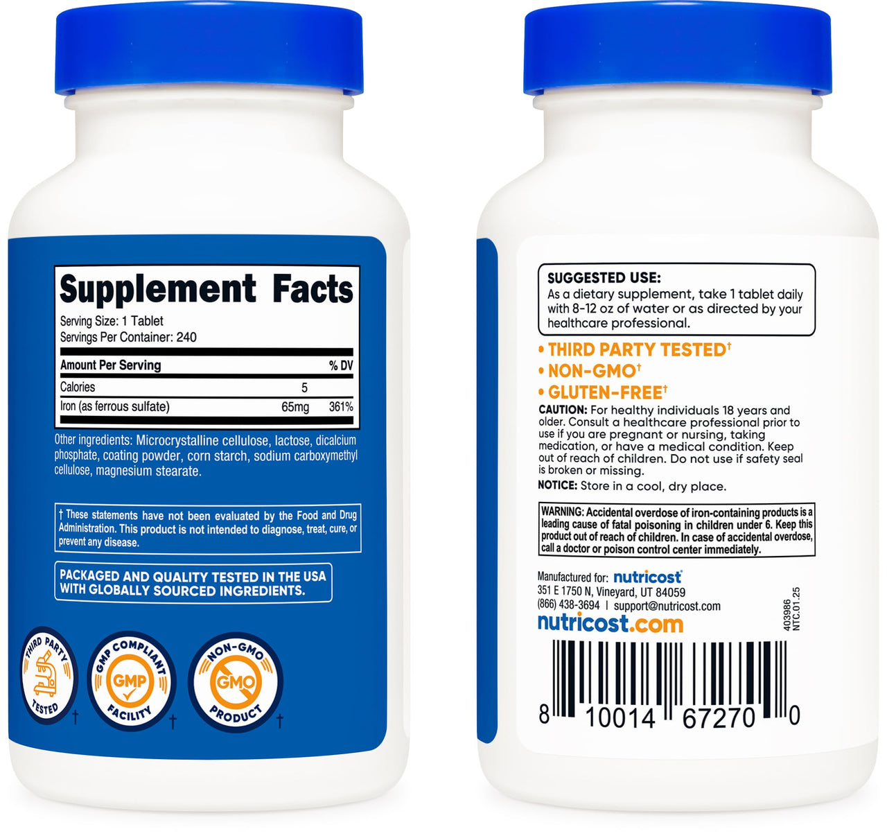 Nutricost Iron (As Ferrous Sulfate) 65mg, 240 Tablets - Non-GMO, Gluten Free