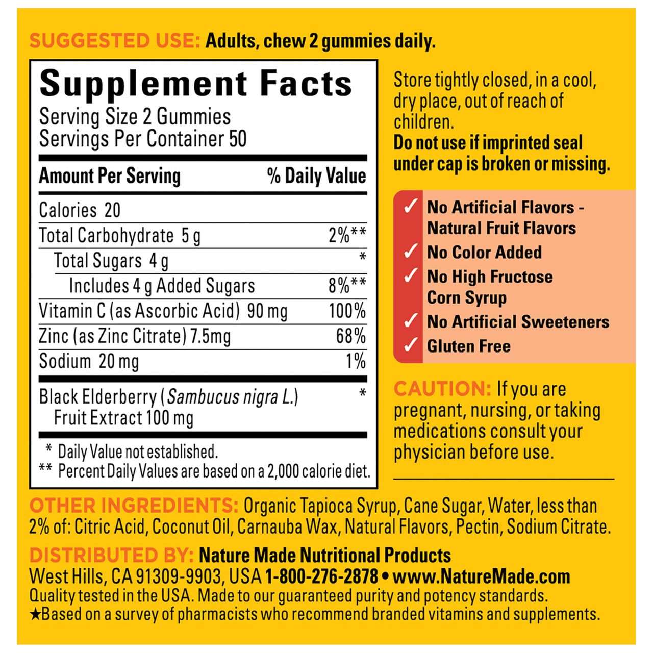 Nature Made Elderberry Gummies with Vitamin C and Zinc, Dietary Supplement for Immune Support, 100 Elderberry Gummies, 50-Day Supply