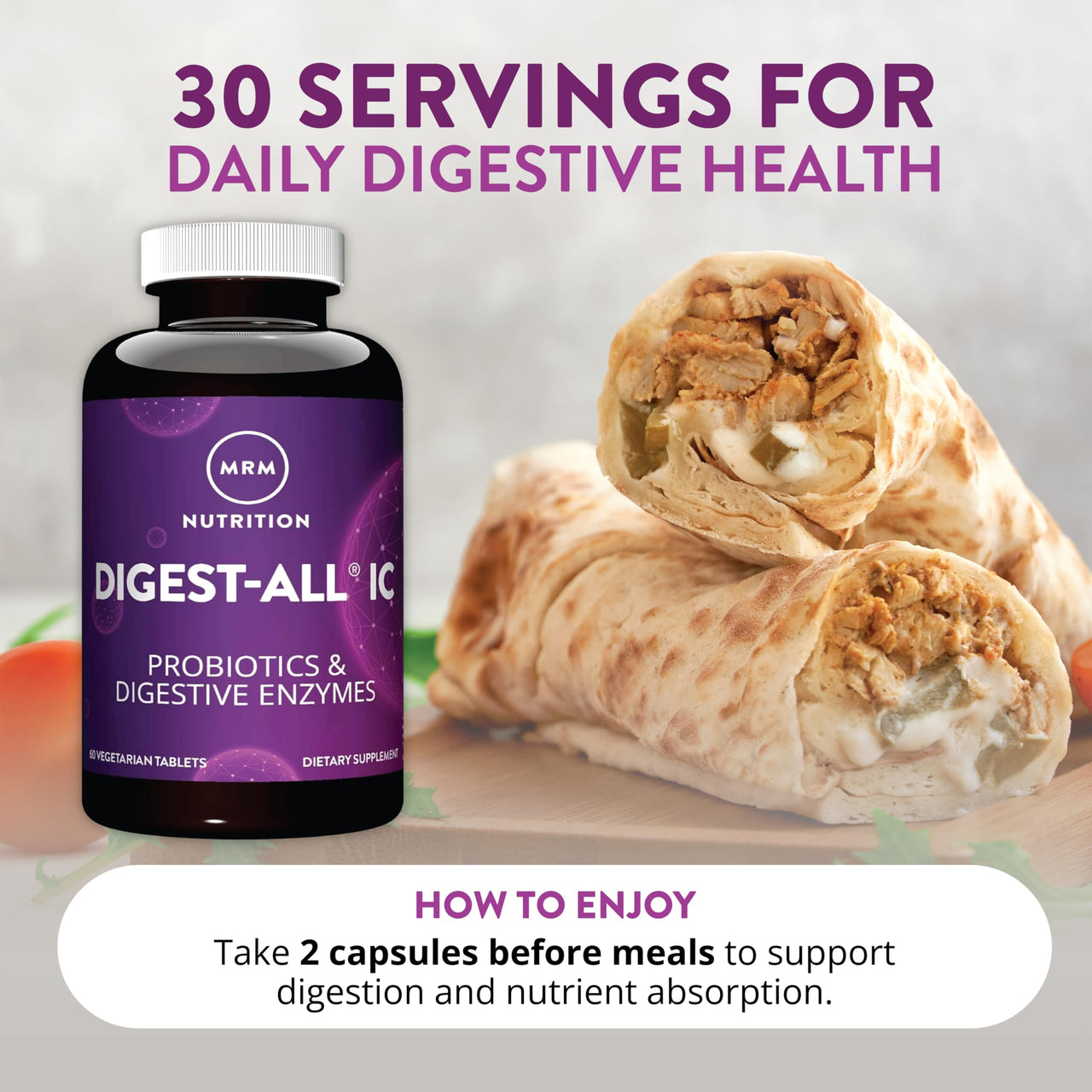 MRM Nutrition Digest-IC Plant-Based Digestive Enzymes - Supports Digestion & May Help Alleviate Occasional Gas & Bloating, Contains Probiotics, Enzymes, & Herbs, Vegetarian & Gluten-Free, 30 Servings