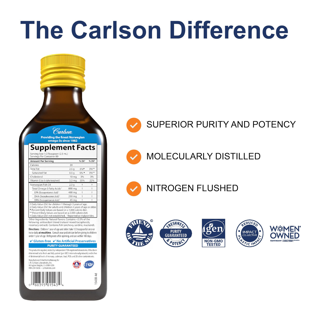 Carlson - Kid's The Very Finest Fish Oil Liquid, 800 mg Omega-3s, Norwegian, Wild-Caught Fish Oil, Omega 3 Liquid for Kids, Sustainably Sourced, Lemon, 200 ml