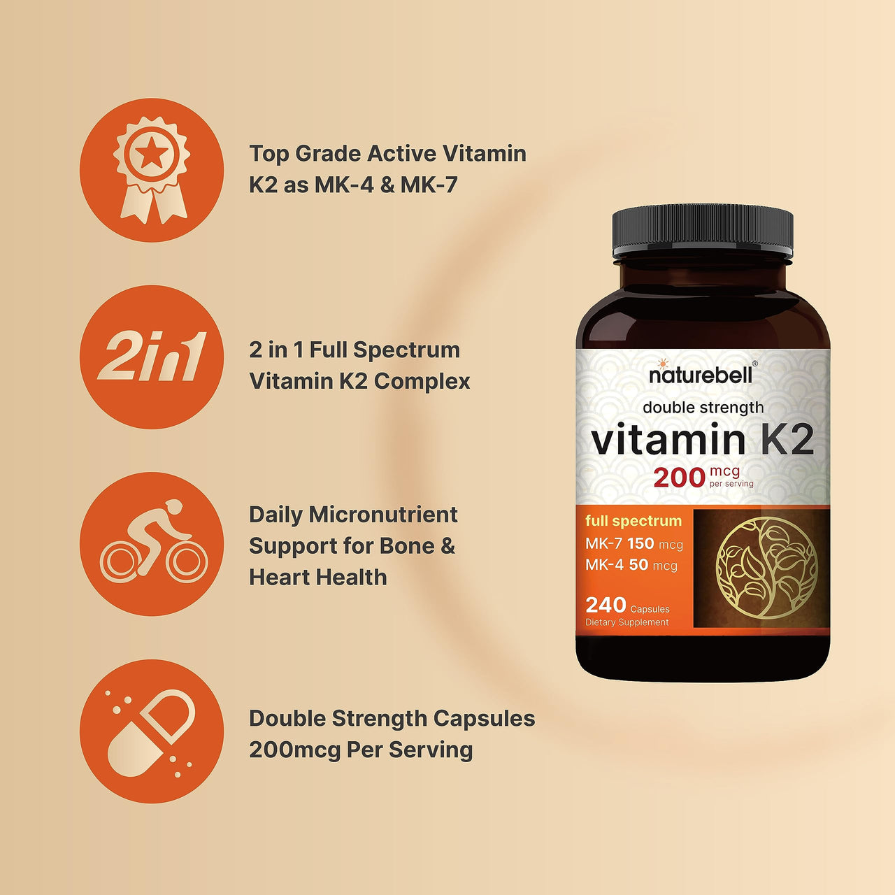 NatureBell Vitamin K2-240 Capsules - 200mcg Double Strength MK-7 & MK-4 Complex - Heart, Bone & Immune Health Support* - Complete K Vitamins Formula