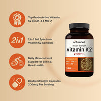 Thumbnail for NatureBell Vitamin K2-240 Capsules - 200mcg Double Strength MK-7 & MK-4 Complex - Heart, Bone & Immune Health Support* - Complete K Vitamins Formula