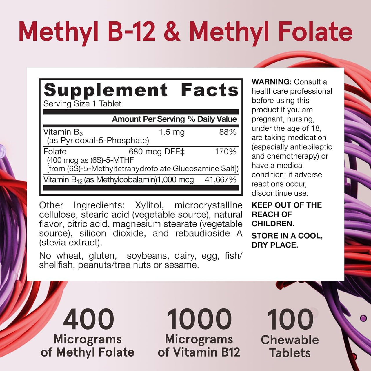 Jarrow Formulas Extra Strength Methyl B-12 1000 mcg & Methyl Folate 400 mcg + P-5-P Chewable Tablets