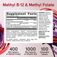 Thumbnail for Jarrow Formulas Methyl B-12 & Methyl Folate, Bioactive Vitamin B9 & Vitamin B12 Supplement, Supports Cellular Energy Production, Healthy Brain Function & Metabolism, 100 Chewable Tablets, 100 Servings