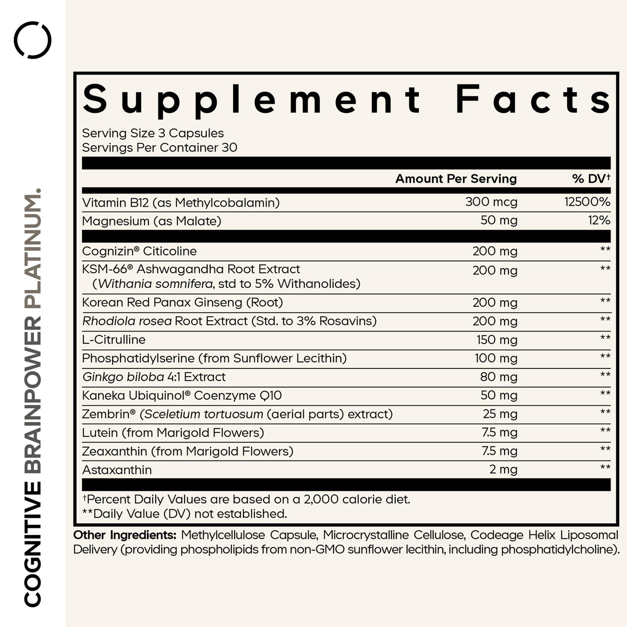 Codeage Cognitive Brainpower Platinum Supplement - Cognizin Citicoline, KSM-66 Ashwagandha, Panax Ginseng, Rhodiola, Phosphatidylserine, Ginkgo, Ubiquinol CoQ10, Liposomal - Non-GMO - 90 Capsules