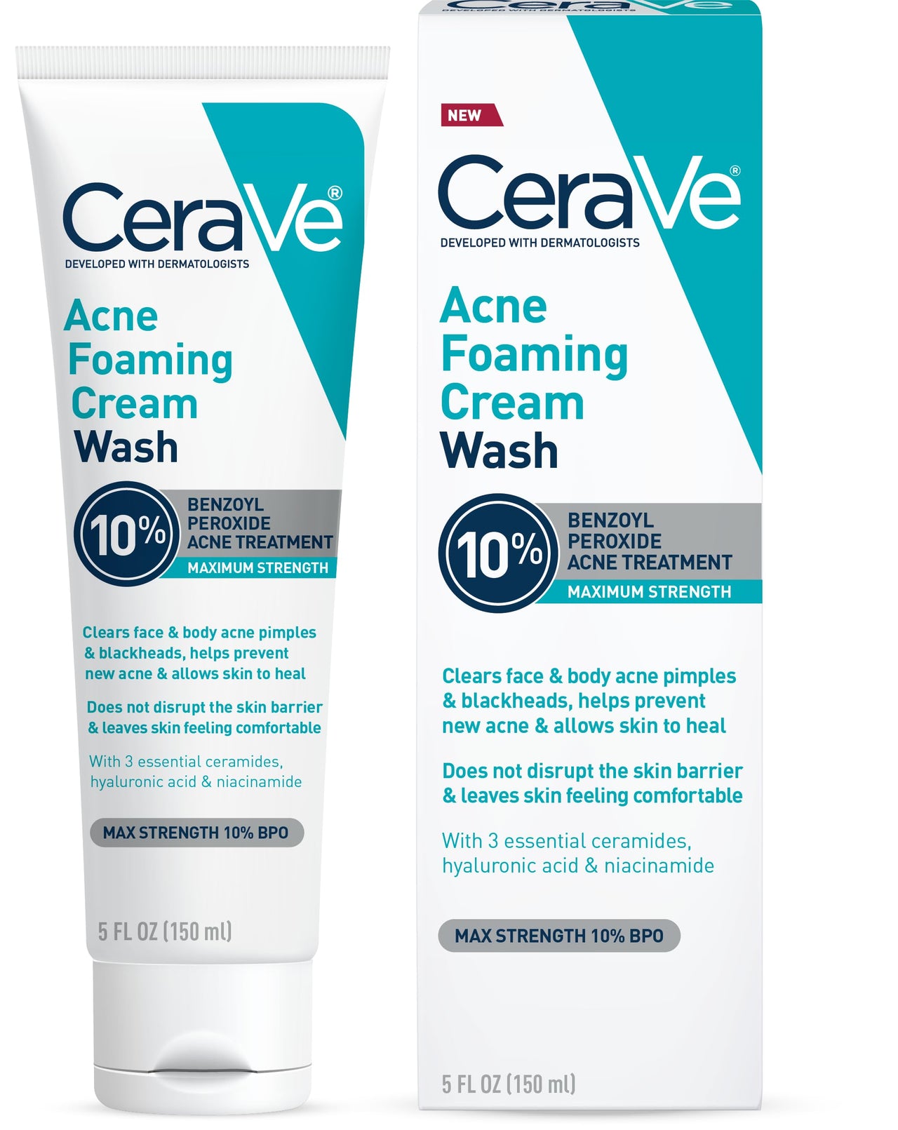 CeraVe Acne Foaming Cream Wash, Gentle Face and Body Cleanser with Benzoyl Peroxide 10%, Hyaluronic Acid, and Niacinamide, 10% Benzoyl Peroxide Treatment Clears Pimples and Blackheads 5 Oz