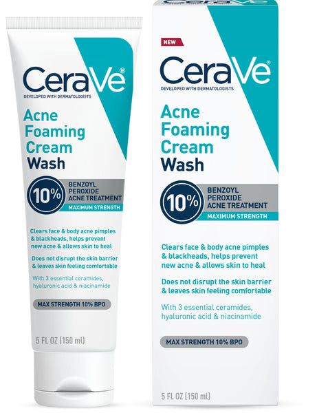 CeraVe Acne Foaming Cream Wash, Gentle Face and Body Cleanser with Benzoyl Peroxide 10%, Hyaluronic Acid, and Niacinamide, 10% Benzoyl Peroxide Treatment Clears Pimples and Blackheads 5 Oz