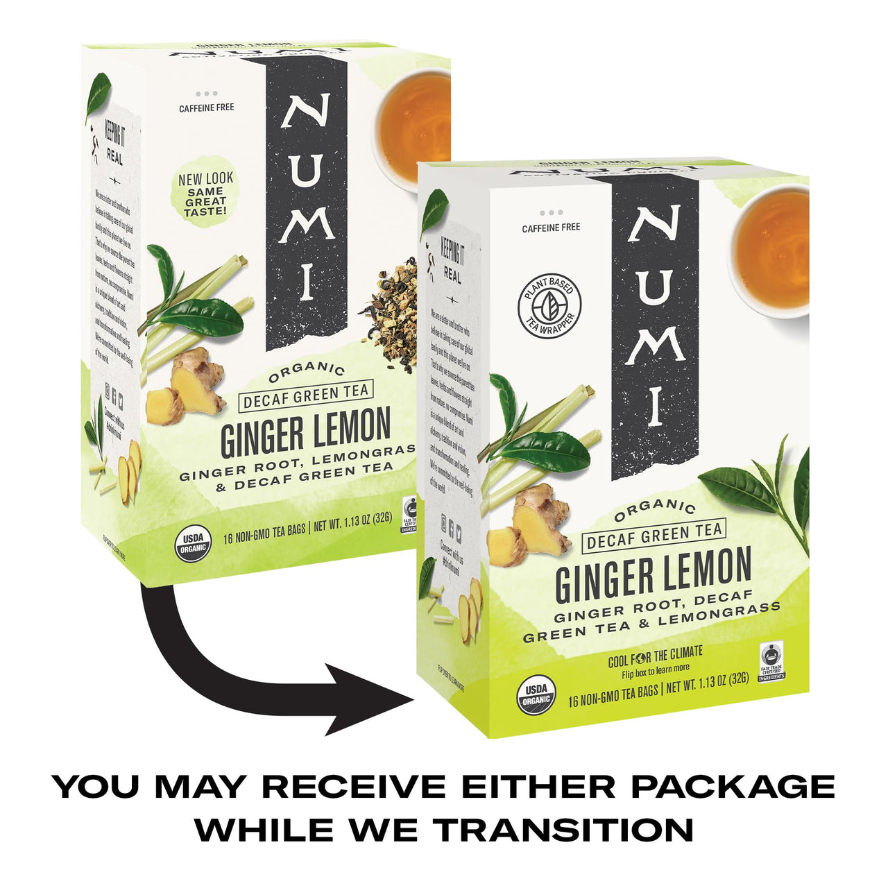 Numi Organic Ginger Lemon Decaf Tea, 16 Green Tea Bags with Ginger Root and Lemongrass