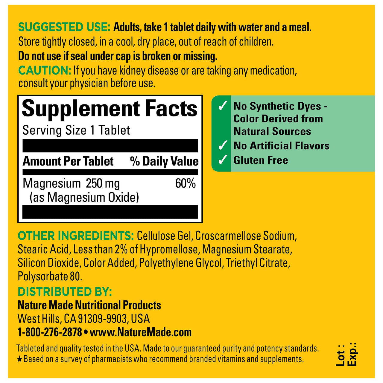Nature Made Magnesium Oxide 250 mg, Magnesium Supplements for Men and Women, Support for Muscle, Heart, Bone and Nerve Health, 100 Tablets, 100 Day Supply