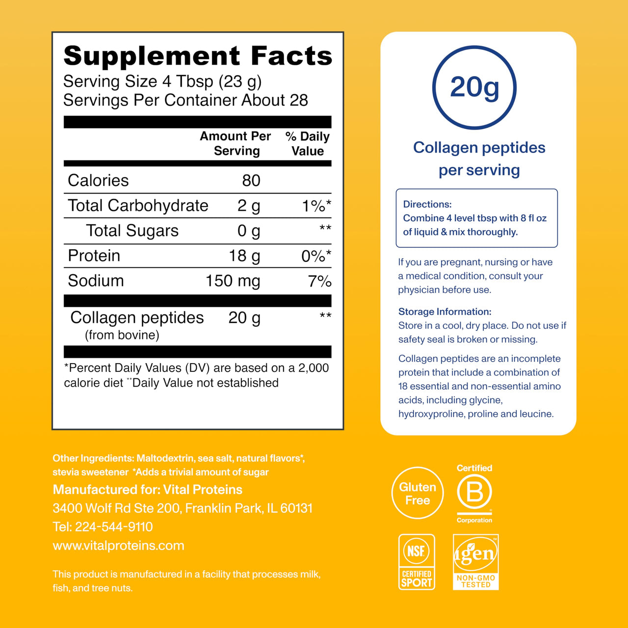 Vital Proteins Collagen Peptides Powder - Grass Fed Collagen Peptides for Hair, Nail, Skin, Bone & Joint Health, Vanilla, 23.2 Ounces