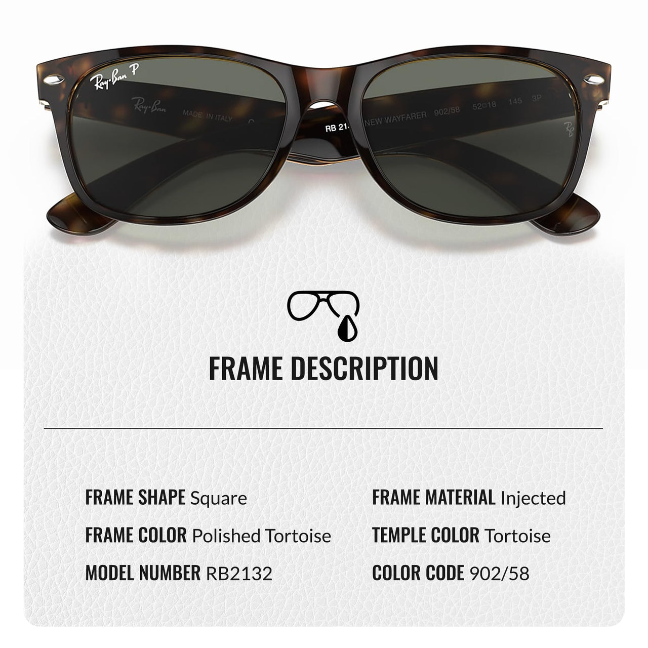 Ray-Ban RB2132 NEW WAYFARER Classic Polarized Square Shape Sunglasses With Eyewear Kit Bundle - High Bridge Fit - Casual Wear Square Sunglasses
