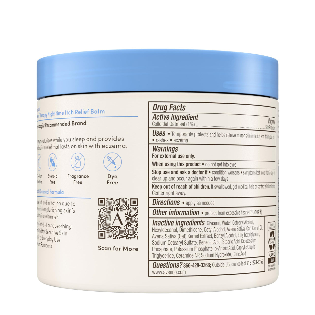 Aveeno Eczema Therapy Nighttime Itch Relief Balm, Colloidal Oatmeal Formula Instantly Soothes Itchy, Eczema-Prone Skin, Moisturizing Balm for Sensitive Skin, Steroid- & Fragrance-Free, 11 oz