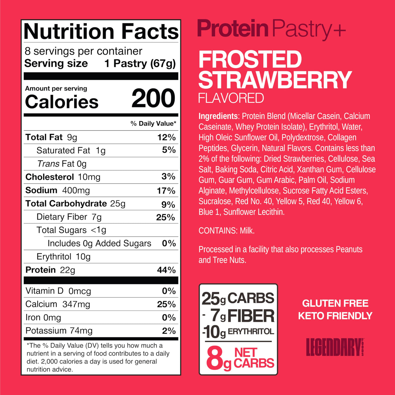 Legendary Foods 22g Protein Pastry 0g Added Sugar, Low Carb, Gluten Conscious, Keto Snack, Ideal for Glucose Management, Includes Whey Protein Isolate, 8 Pack Frosted Strawberry
