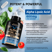 Thumbnail for Alpha Lipoic Acid 600mg - ALA Supplement Antioxidant for Nerve, Energy & Metabolism Support - Extra Strength with Benfotiamine, B1 & B12 - Lab Tested, NON-GMO & Vegan - 120 Capsules, 2 Month Supply