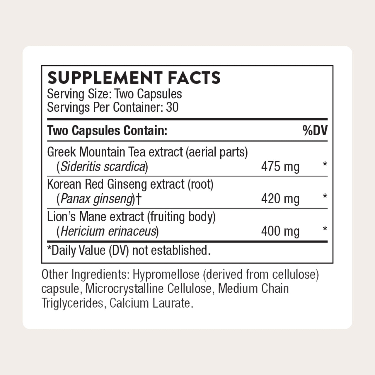 THORNE - Ginseng Plus - Supports Daily Energy Levels, Mental Clarity, Mood & Stress Management* - with Lion's Mane & Greek Mountain Tea - Third-Party Certified - Gluten & Dairy-Free - 60 Capsules