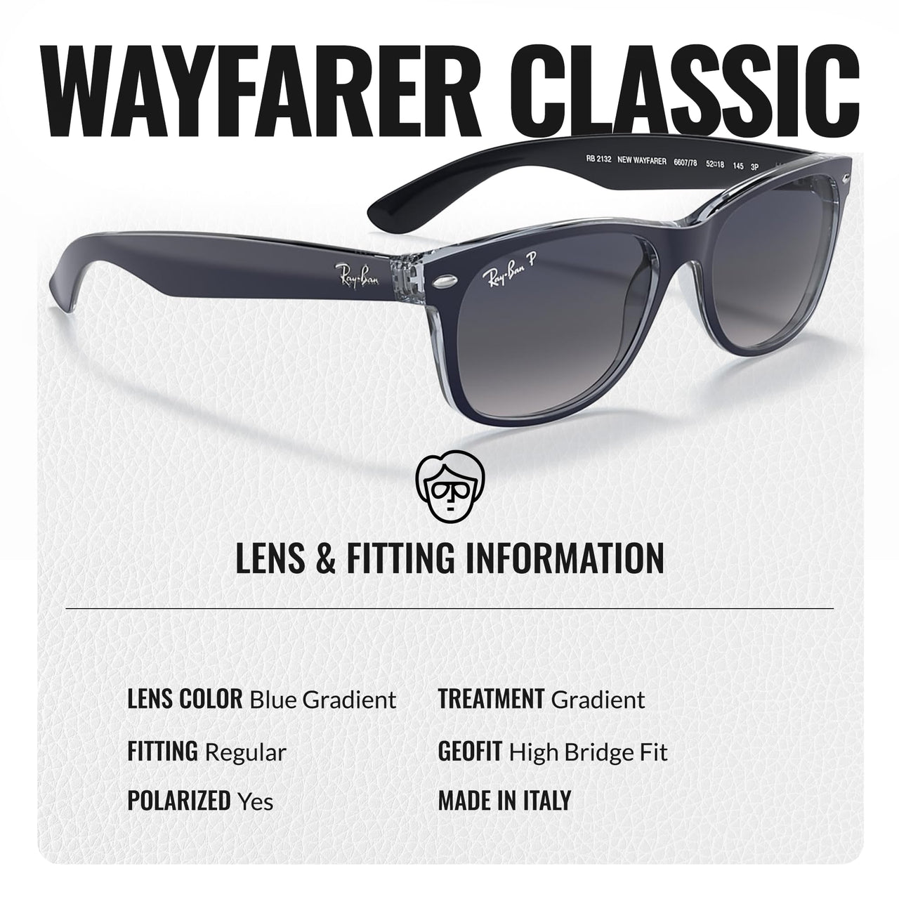 Ray-Ban RB2132 NEW WAYFARER CLASSIC POLARIZED Square Shaped Sunglasses for Men & Women – Includes Official Rayban Eyewear Kit – Ideal Formal & Casual Wear Sunglasses – Blue Gradient Lens