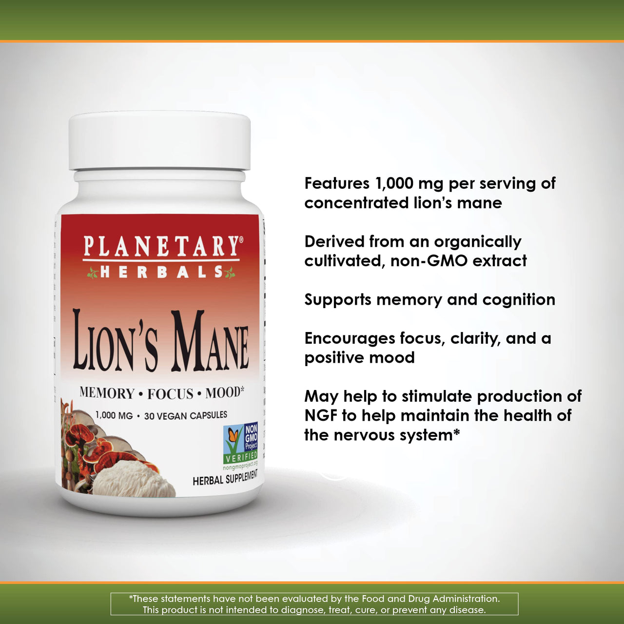 Planetary Herbals Lion's Mane, for Memory, Focus, and Mood*, 1,000 mg - 30 Vegan Capsules