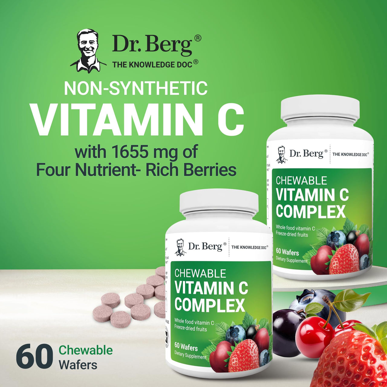 Dr. Berg Chewable Vitamin C Complex - Made with Organic, Non-GMO Berries - 60 Delicious Wafers