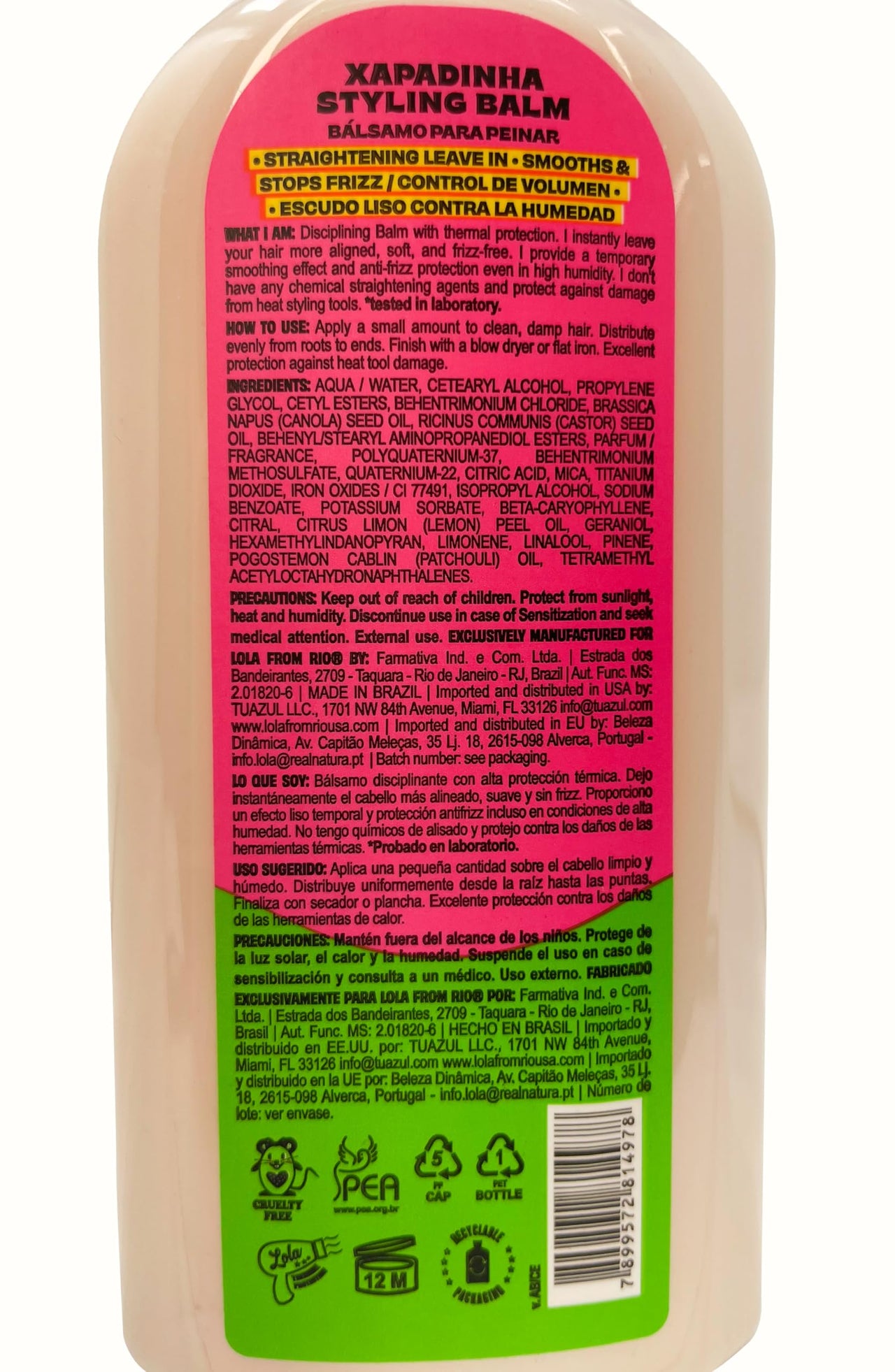 Lola From Rio - Xapadinha - Leave-In Styling Balm For Straight ot Straightnened Hair, Thermal Protection, Anti-Frizz Effect, Aligment, and Softnes 6.76 Fl Oz