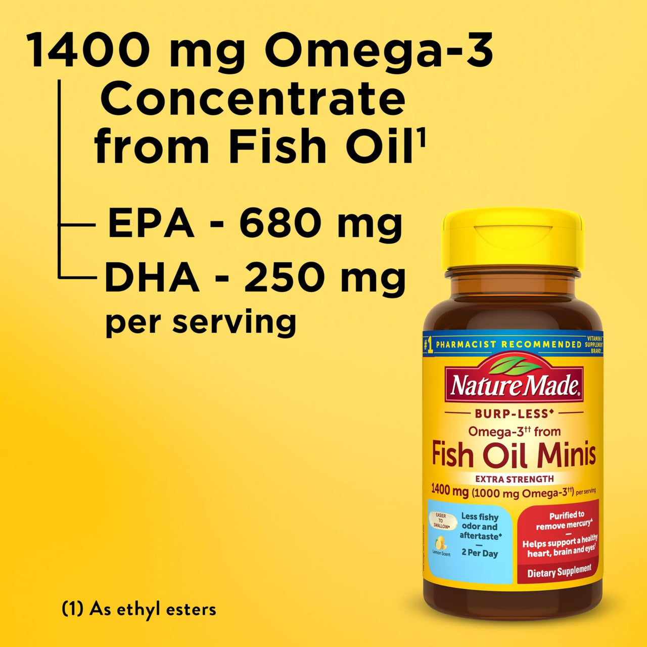 Nature Made Extra Strength Burp Less Fish Oil Omega 3 Supplements 1400 mg Minis, Omega 3 Fish Oil as Ethyl Esters for Healthy Heart Brain Eyes Support, 60 Softgels, 30 Day Supply