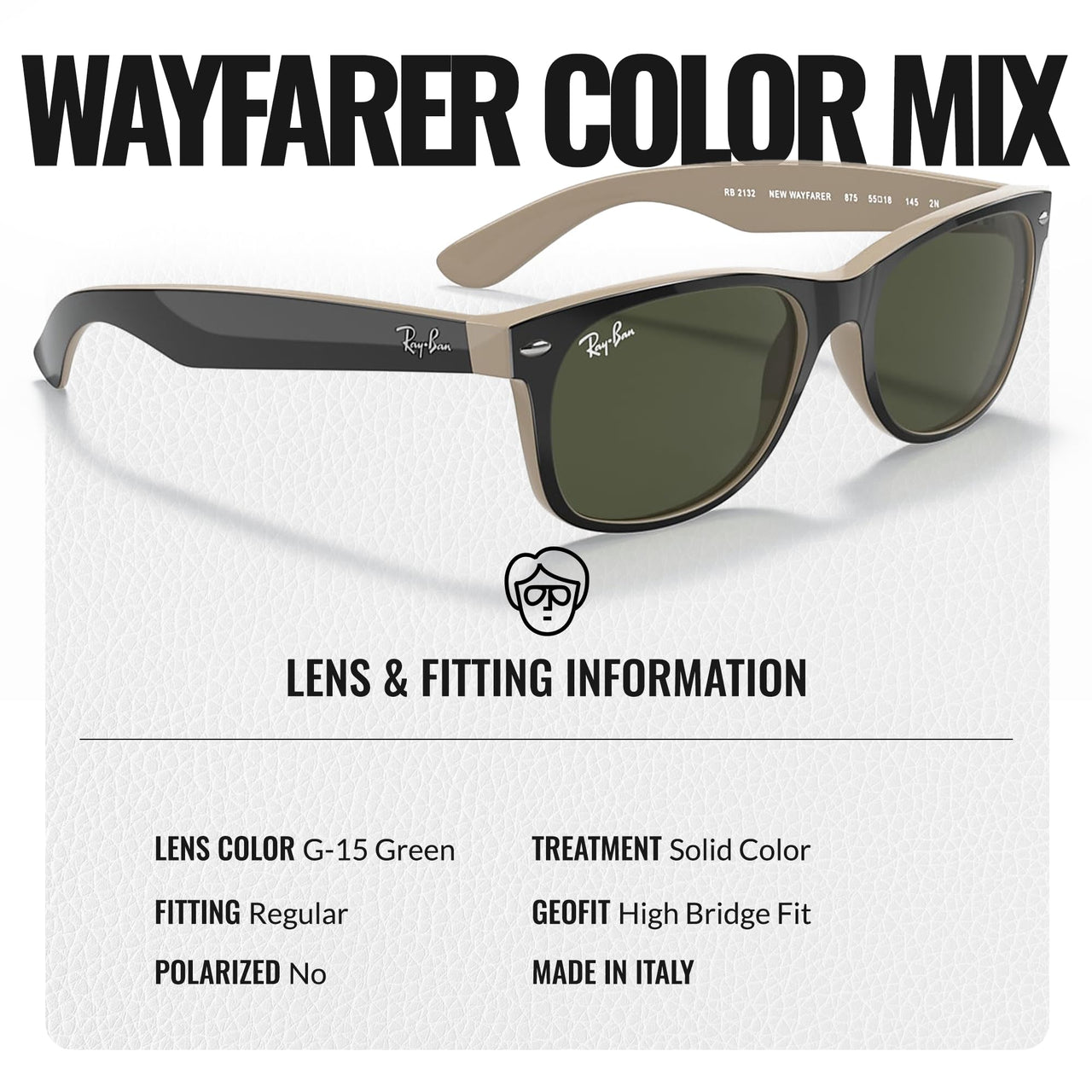Ray-Ban RB2132 NEW WAYFARER COLOR MIX Square Shaped Non-Polarized Sunglasses for Men & Women – Includes Official RAYBAN Eyewear Kit – Ideal Formal & Casual Wear Sunglasses – G-15 Green Lens