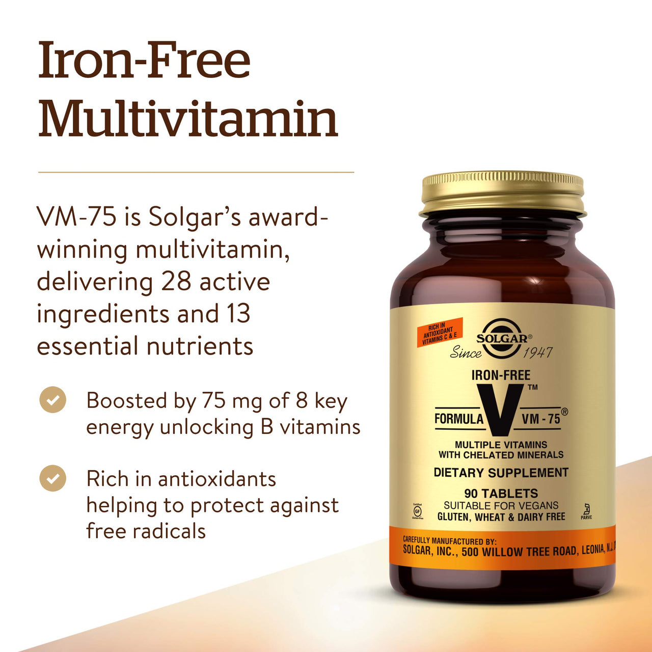 Solgar Iron-Free Formula VM-75, 90 Tablets - Multivitamin with Chelated Minerals - Vitamin A, B6, B12, C, D, E - Biotin, Magnesium, Calcium, Zinc - Vegan, Gluten & Dairy Free, Kosher - 90 Servings