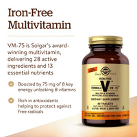 Thumbnail for Solgar Iron-Free Formula VM-75, 90 Tablets - Multivitamin with Chelated Minerals - Vitamin A, B6, B12, C, D, E - Biotin, Magnesium, Calcium, Zinc - Vegan, Gluten & Dairy Free, Kosher - 90 Servings