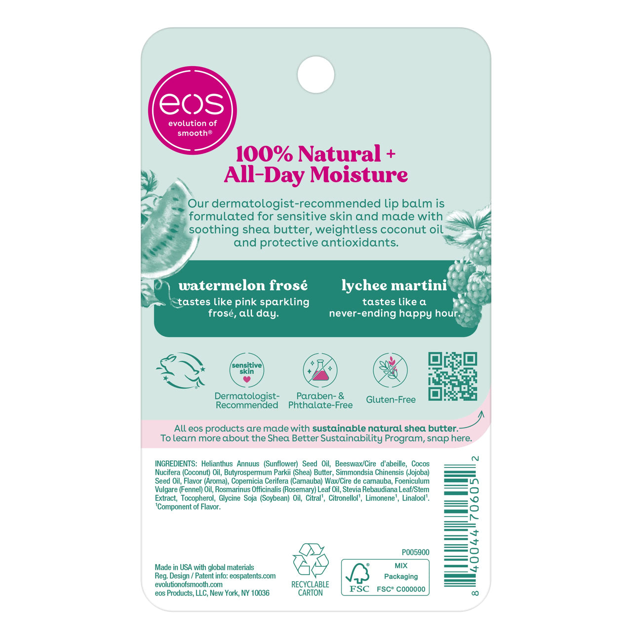 eos 100% Natural Lip Balm Sticks - Watermelon Frosé and Lychee Martini, All-Day Moisture, Dermatologist Recommended, All Natural Lip Balm, 0.14 oz, 2-Pack