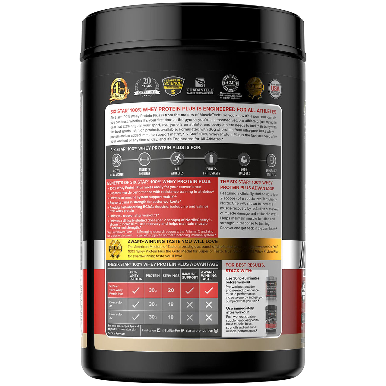 Whey Protein Powder + Immune Support | Six Star Whey Protein Plus | Whey Protein Isolate & Peptides + Muscle Builder | Lean Protein Powder for Muscle Gain & Recovery | Vanilla, 2 lbs