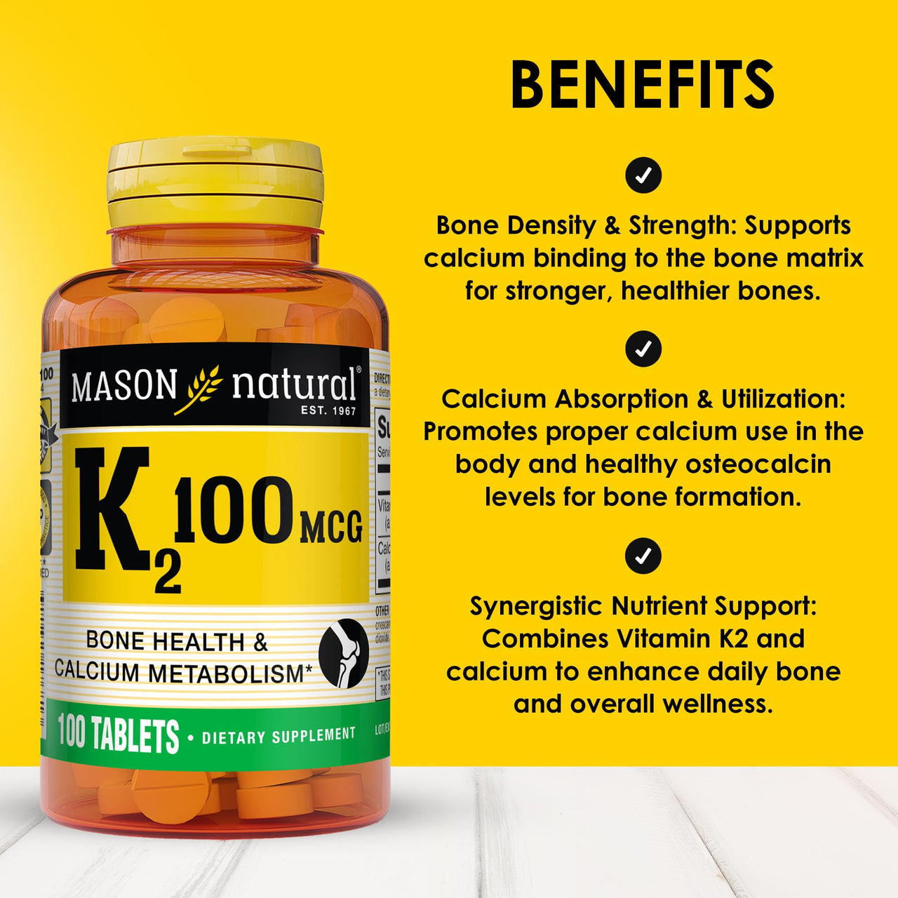 MASON NATURAL Vitamin K2 100 mcg with Calcium, Supports Bone, Heart & Muscle Health, 100 Tablets