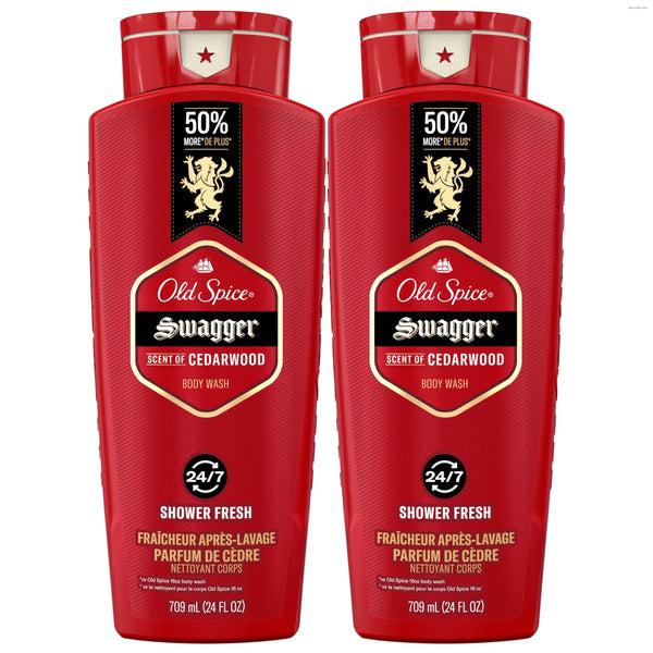 Old Spice Refreshing Body Wash for Men, 3X Defense, 24/7 Shower Fresh with Long Lasting Scent, Red Collection, Swagger with Cedarwood Scent, 24 oz (Pack of 2)