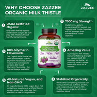 Thumbnail for Zazzee USDA Organic Milk Thistle Extract 30:1, 80% Silymarin, 7500 mg Equivalent, 120 Vegan Capsules, Certified Kosher, High Potency Liver Support Supplement, Antioxidant Support, Non-GMO, Made in USA