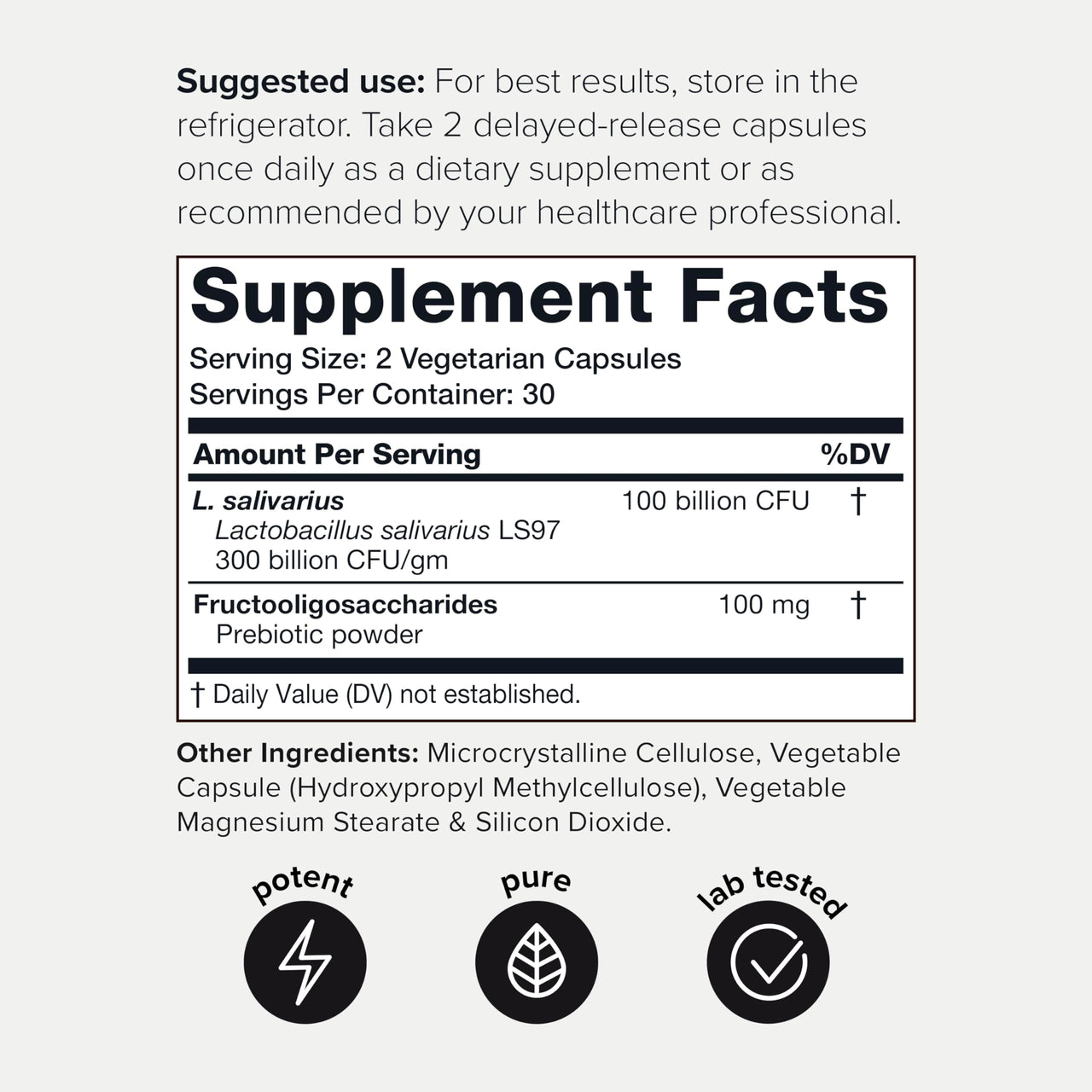 100 Billion CFU Lactobacillus Salivarius Probiotic - Highest Verified CFU Count - Third-Party Lab Tested for Potency - 60 Vegetarian Capsules - 30 Servings - TQ Verified
