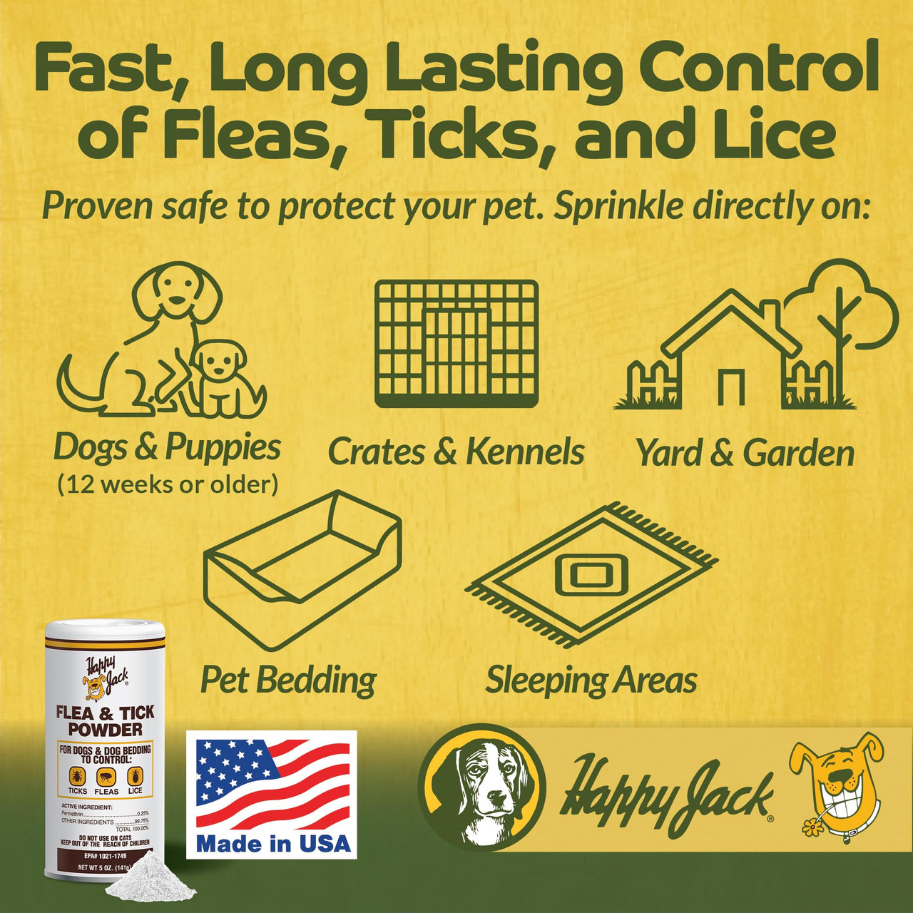 Happy Jack Flea and Tick Powder for Dogs & Puppies, Flea Powder for Flea Treatment & Control, Kills Pests, Ticks & Lice, Odorless & Non-Staining, Dust on Sleeping Quarters & Dogs (5 oz)