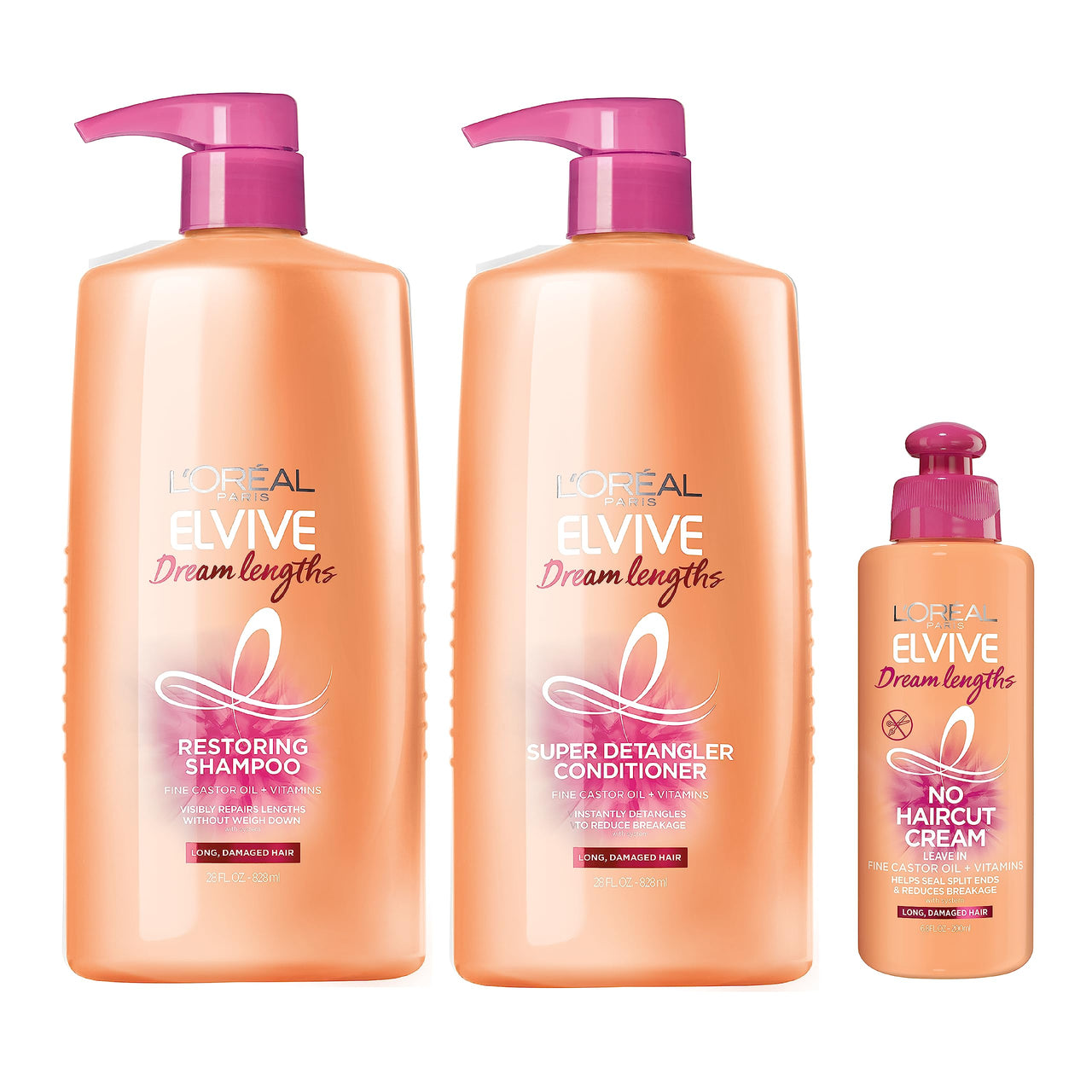 L'Oreal Paris Elvive Dream Lengths Shampoo & Conditioner Kit 28oz + No Haircut Cream Leave-in Conditioner, 6.8 fl. oz.