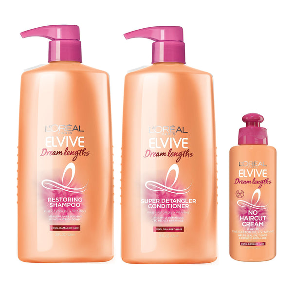 L'Oreal Paris Elvive Dream Lengths Shampoo & Conditioner Kit 28oz + No Haircut Cream Leave-in Conditioner, 6.8 fl. oz.