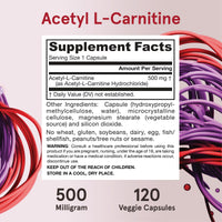 Thumbnail for Jarrow Formulas® Acetyl L-Carnitine 500 mg, Dietary Supplement, Amino Acid Support for Brain Health and Antioxidants, 120 Veggie Capsules, 120 Day Supply